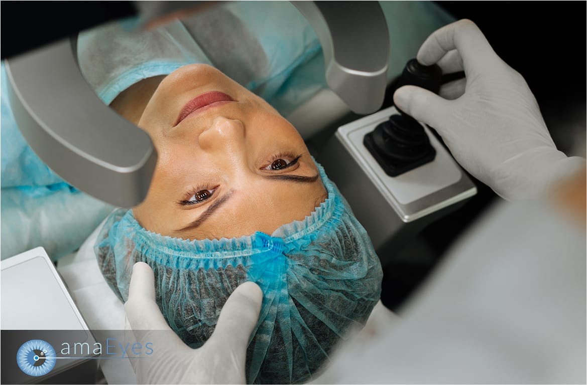 Woman undergoing eye checkup using ophthalmology machine at clinic