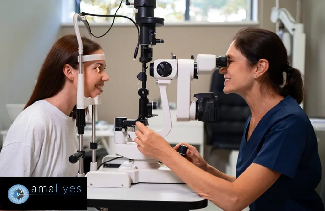 Optometrist performing an eye exam with specialized equipment on a young patient.