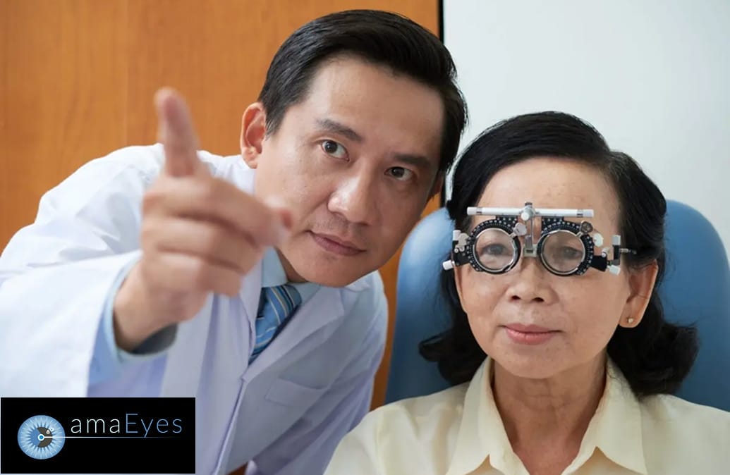 Ophthalmologist examining older woman with advanced eye testing lenses.