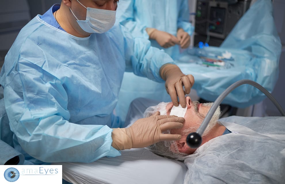 Cataract surgery performed on elderly patient inside clinic.